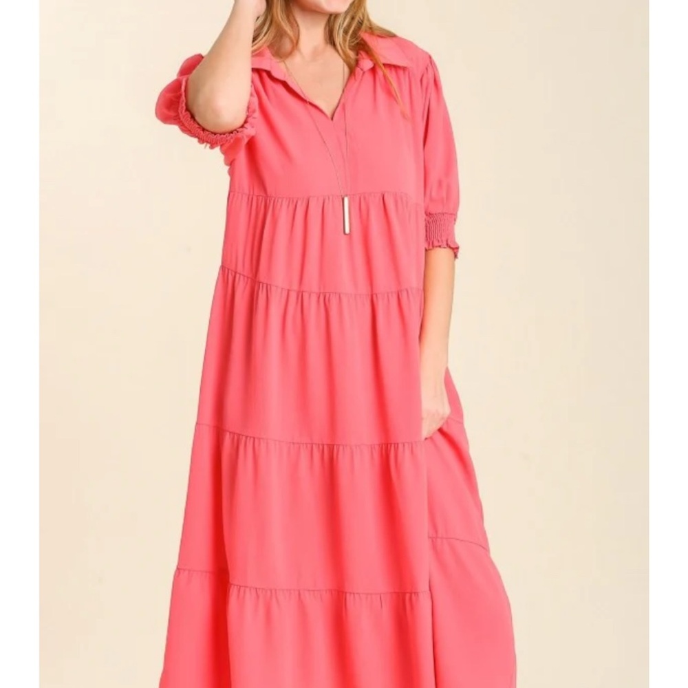 Umgee Pink Tiered Sundress with 3/4 Cuffed Sleeves